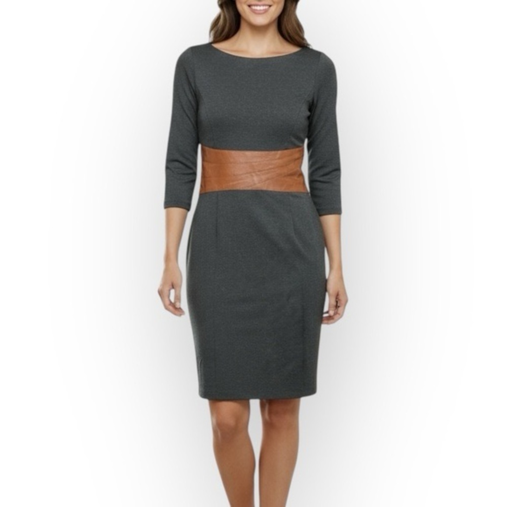 VENUS Charcoal Gray Sheath Dress with Brown Waist Panel Size 4 NWT